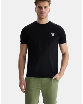 Tricou de bumbac cu decolteu la baza gatului, Negru