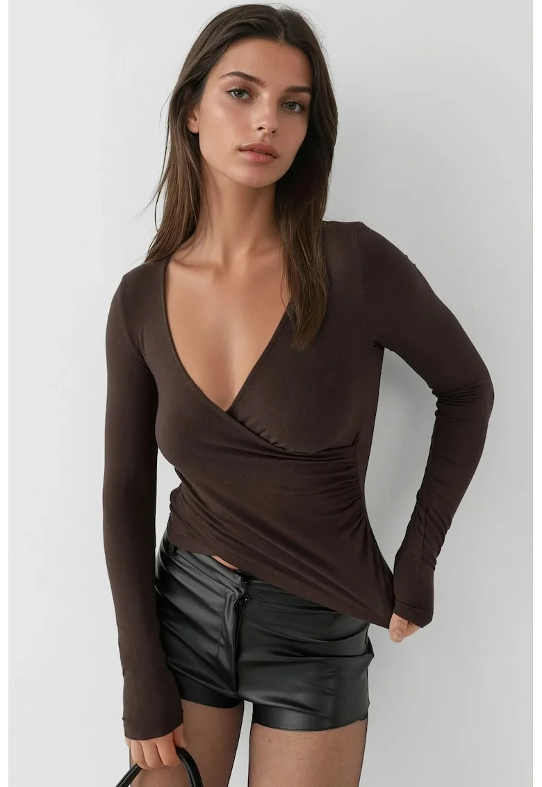 Bluza dama,  top cu maneca lunga, decolteu in V, maro inchis, jerseu, Maro inchis