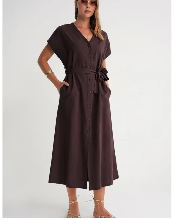 Rochie camasa  cu curea, textil, Maro
