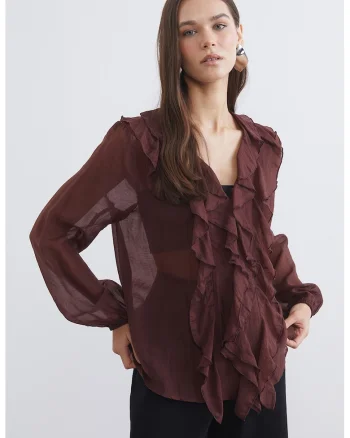 Bluza din amestec de lyocell cu volane, Maro cognac