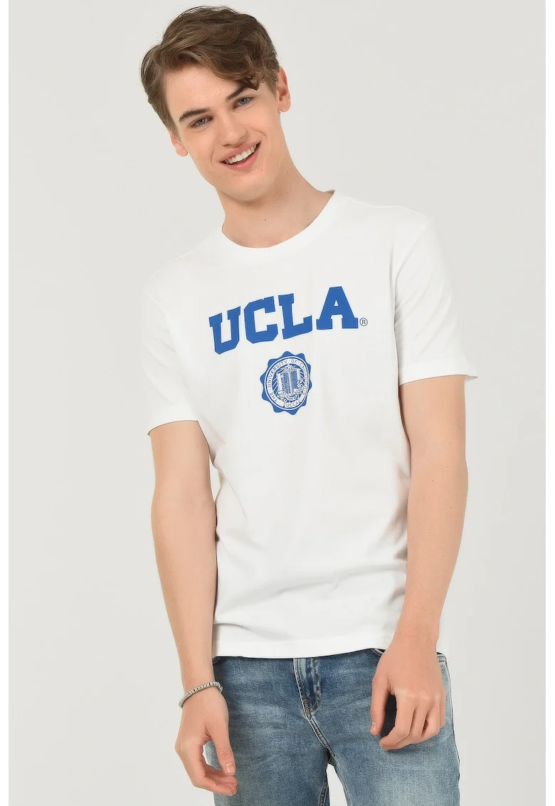 Tricou regular fit, decolteu la baza gatului, imprimeu cu logo, Alb, GAYLEY