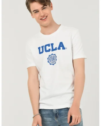 Tricou regular fit, decolteu la baza gatului, imprimeu cu logo, Alb, GAYLEY