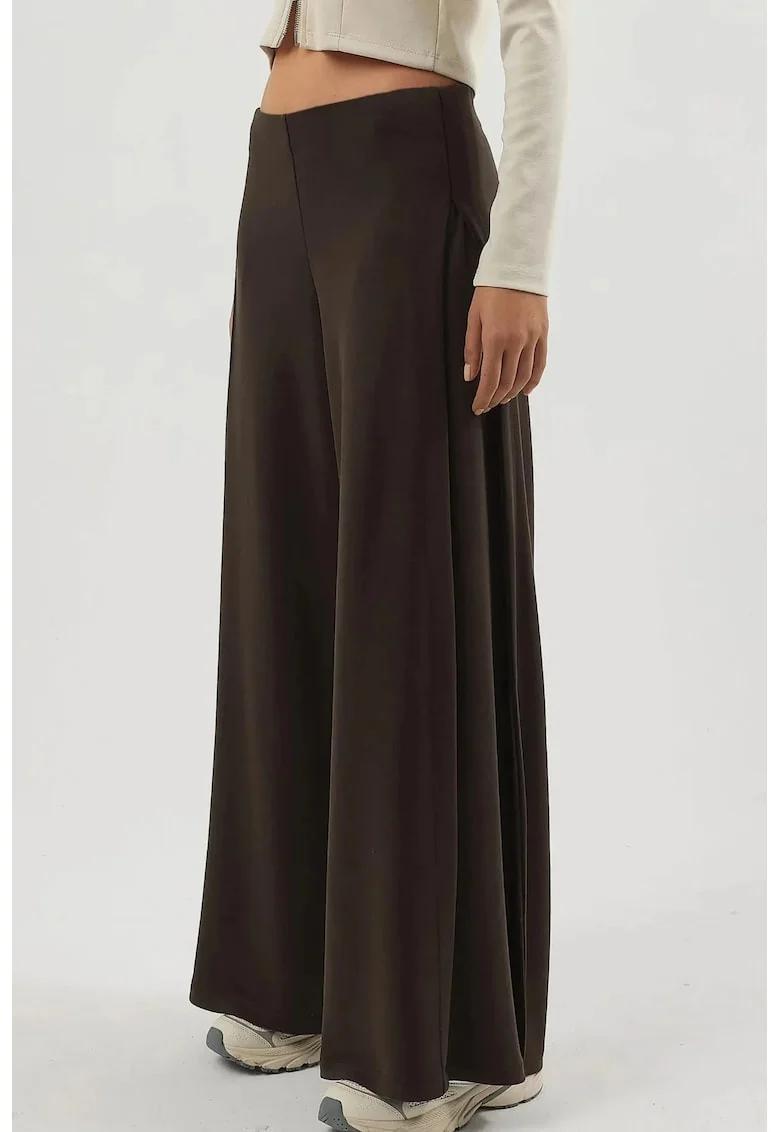 Pantaloni dama  plisati, picior larg, maro cafeniu, textil, Maro deschis