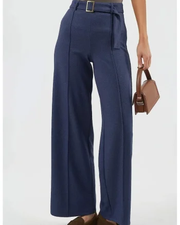 Pantaloni dama,  talie inalta, picior drept, textil, Albastru