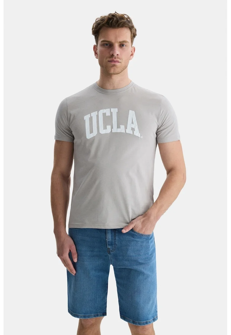 Tricou cu decolteu la baza gatului si imprimeu logo Culver, Alb/Gri deschis
