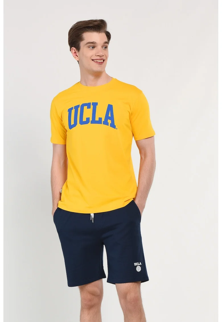Tricou regular fit cu decolteu la baza gatului si imprimeu logo, Galben