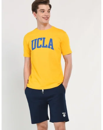 Tricou regular fit cu decolteu la baza gatului si imprimeu logo, Galben