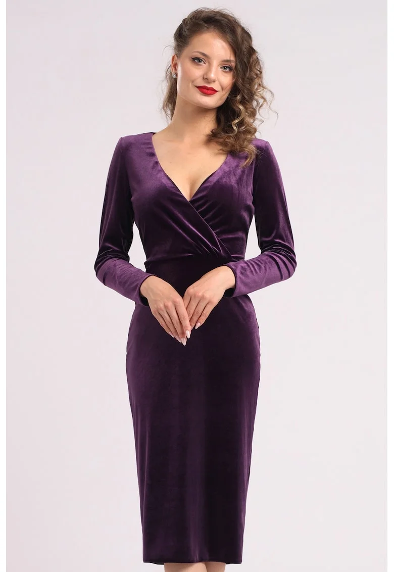 Rochie midi cu aspect de catifea, croiala cambrata si decolteu in V, Mov inchis