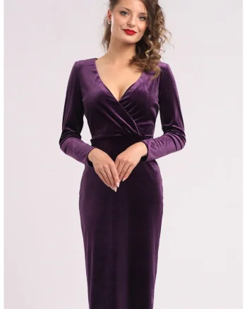 Rochie midi cu aspect de catifea, croiala cambrata si decolteu in V, Mov inchis