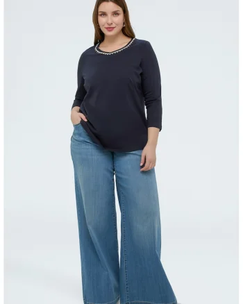 Bluza cu decolteu rotund si maneci 3/4, Bleumarin,
