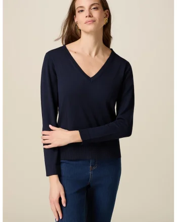 Pulover regular-fit cu decolteu in V, Bleumarin
