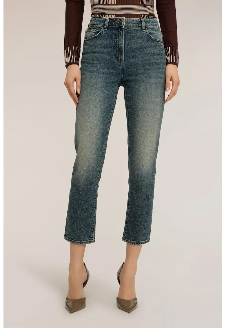 Blugi crop cu croiala skinny si aspect decolorat, Albastru petrol