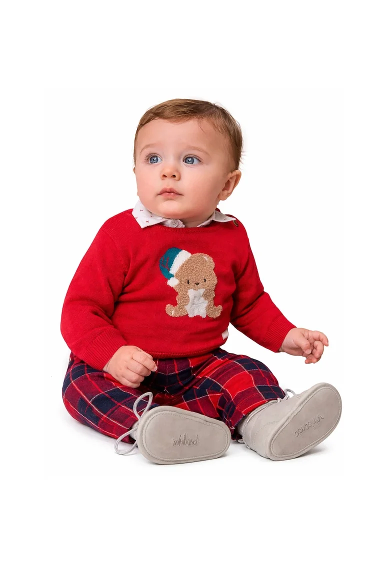 Pulover Craciun Baby  din bumbac 100% cu broderie intarsia si nasturi pe umar