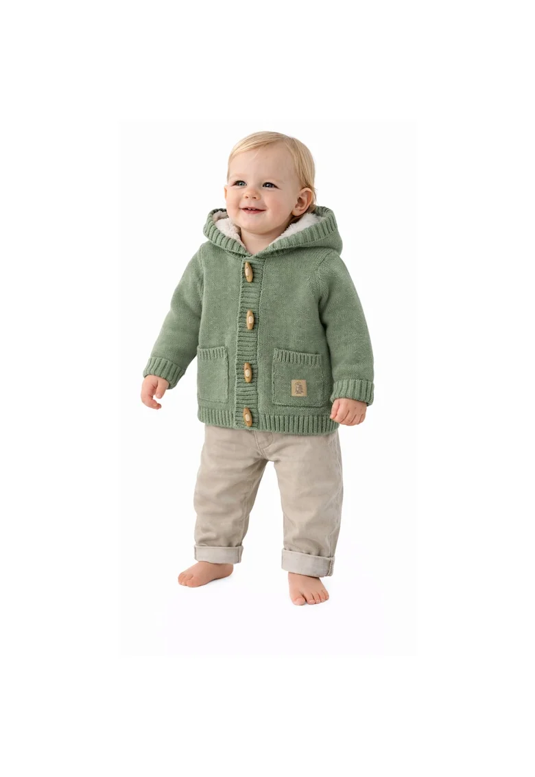 Cardigan bebelusi iDO cu gluga verde salvie din bumbac tricotat captusit