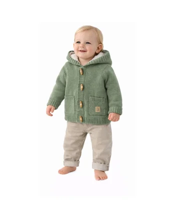 Cardigan bebelusi iDO cu gluga verde salvie din bumbac tricotat captusit