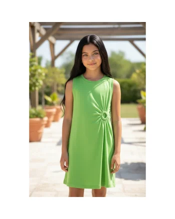 Rochie fete iDO din jerse elastic de bumbac fara maneci, unicolor, lungime deasupra genunchiului, Verde