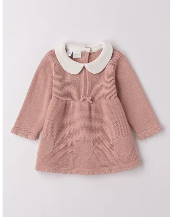Rochie de bumbac tricotata cu guler rotund, Alb fildes/Roz prafuit