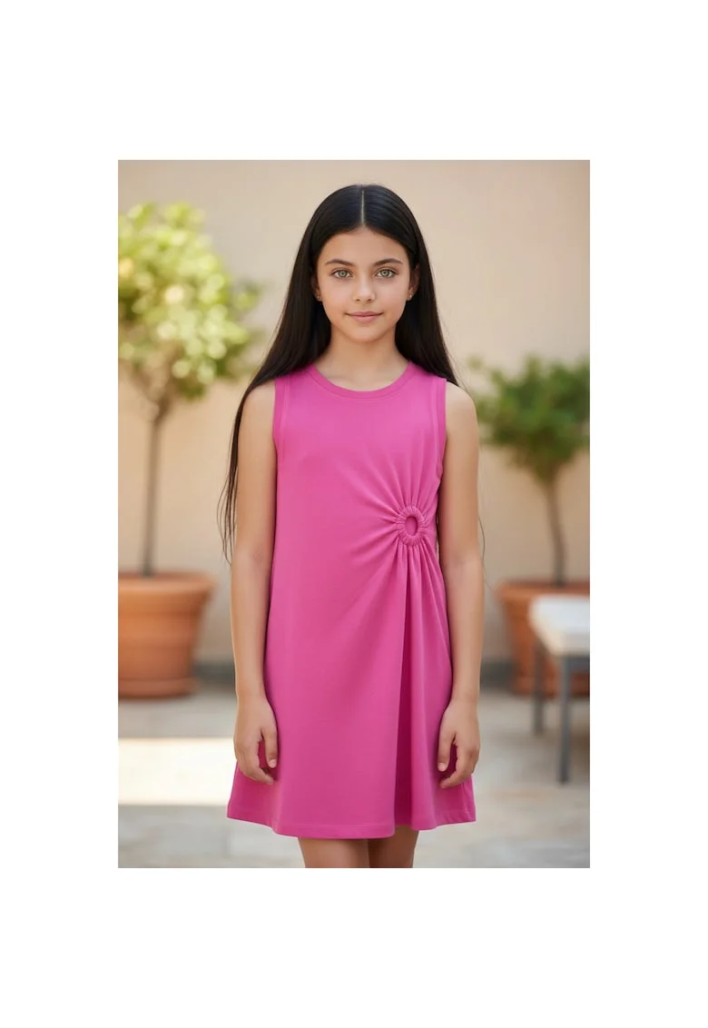 Rochie fete iDO din jerse elastic de bumbac fara maneci, unicolor, lungime deasupra genunchiului, Roz