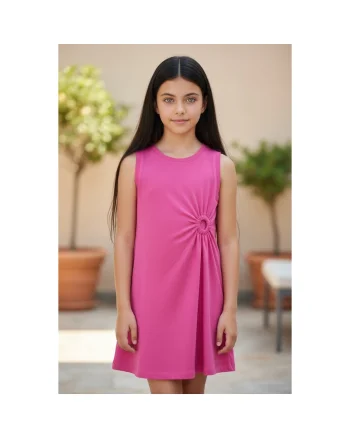 Rochie fete iDO din jerse elastic de bumbac fara maneci, unicolor, lungime deasupra genunchiului, Roz