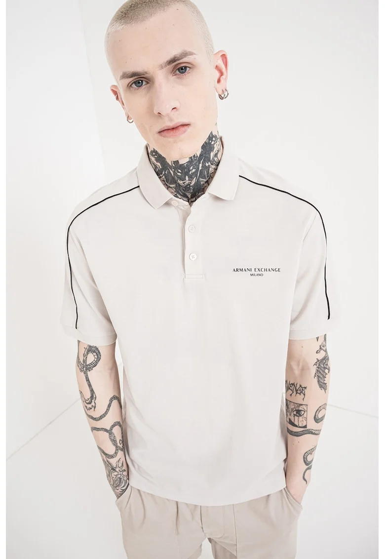 Tricou polo de bumbac cu logo discret, Negru/Gri deschis