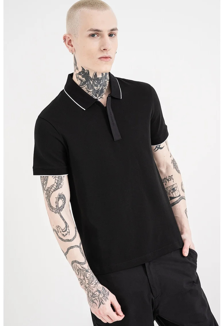 Tricou polo slim fit cu banda logo, Alb/Negru
