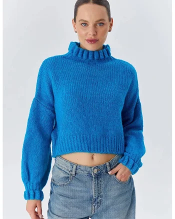 Pulover scurt,  Tricot, Guler inalt, Albastru