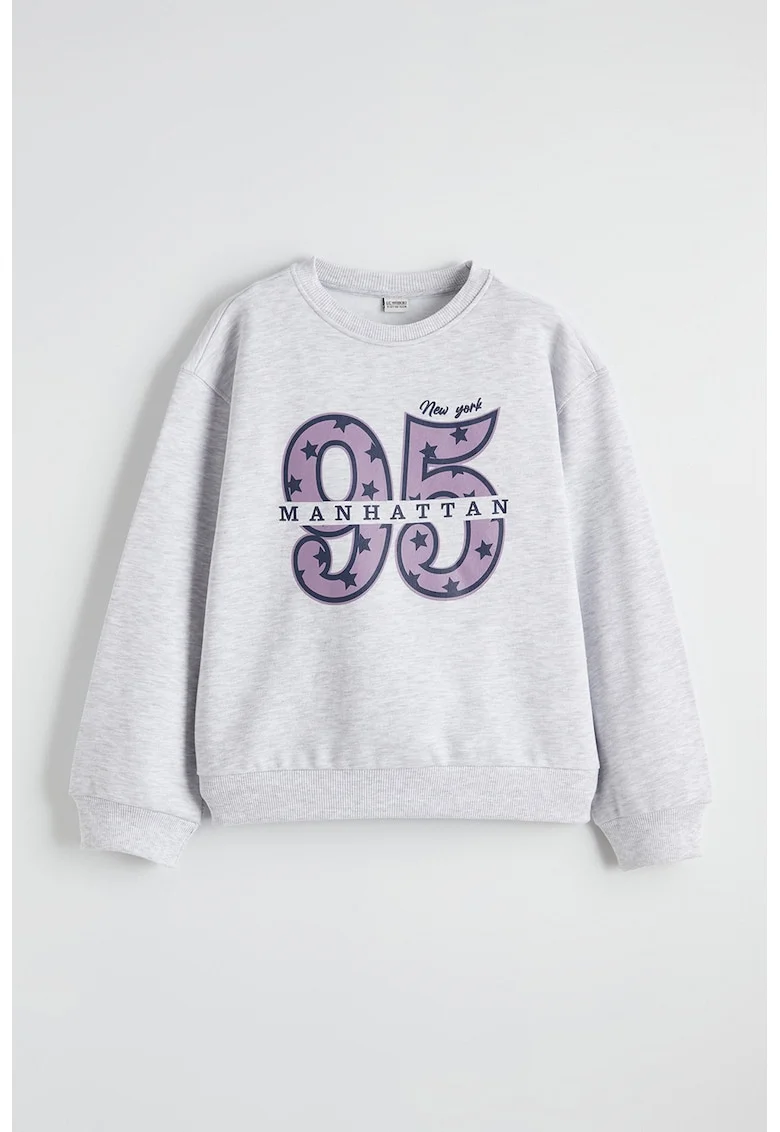 Bluza de trening cu decolteu la baza gatului si imprimeu grafic, Violet/Gri deschis melange