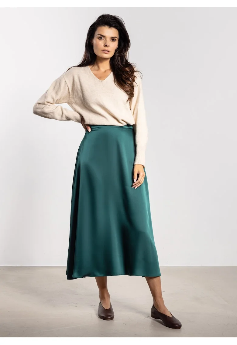 Fusta midi,  satin, talie inalta, croiala evazata, verde sticla