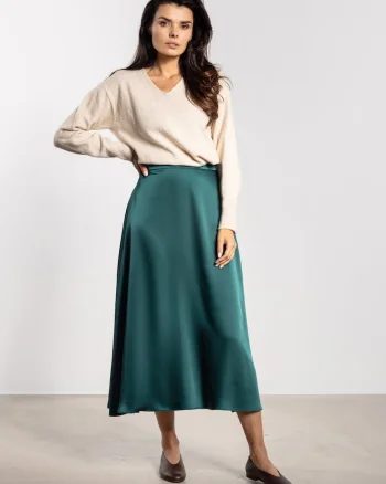 Fusta midi,  satin, talie inalta, croiala evazata, verde sticla