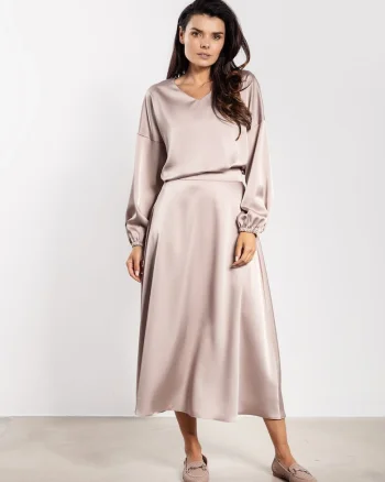 Fusta midi,  satin, talie inalta, bej