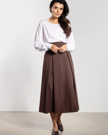 Fusta midi  talie inalta, cordon, evazata, ciocolatiu, nylon