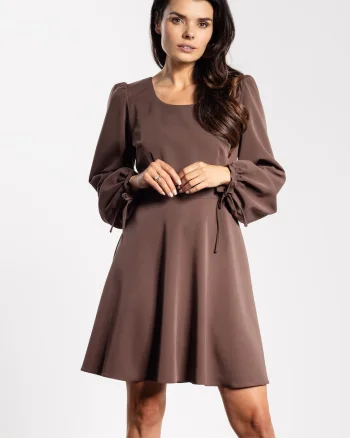 Rochie mini,  A741, maneca lunga, ciocolatiu, poliester/elastan