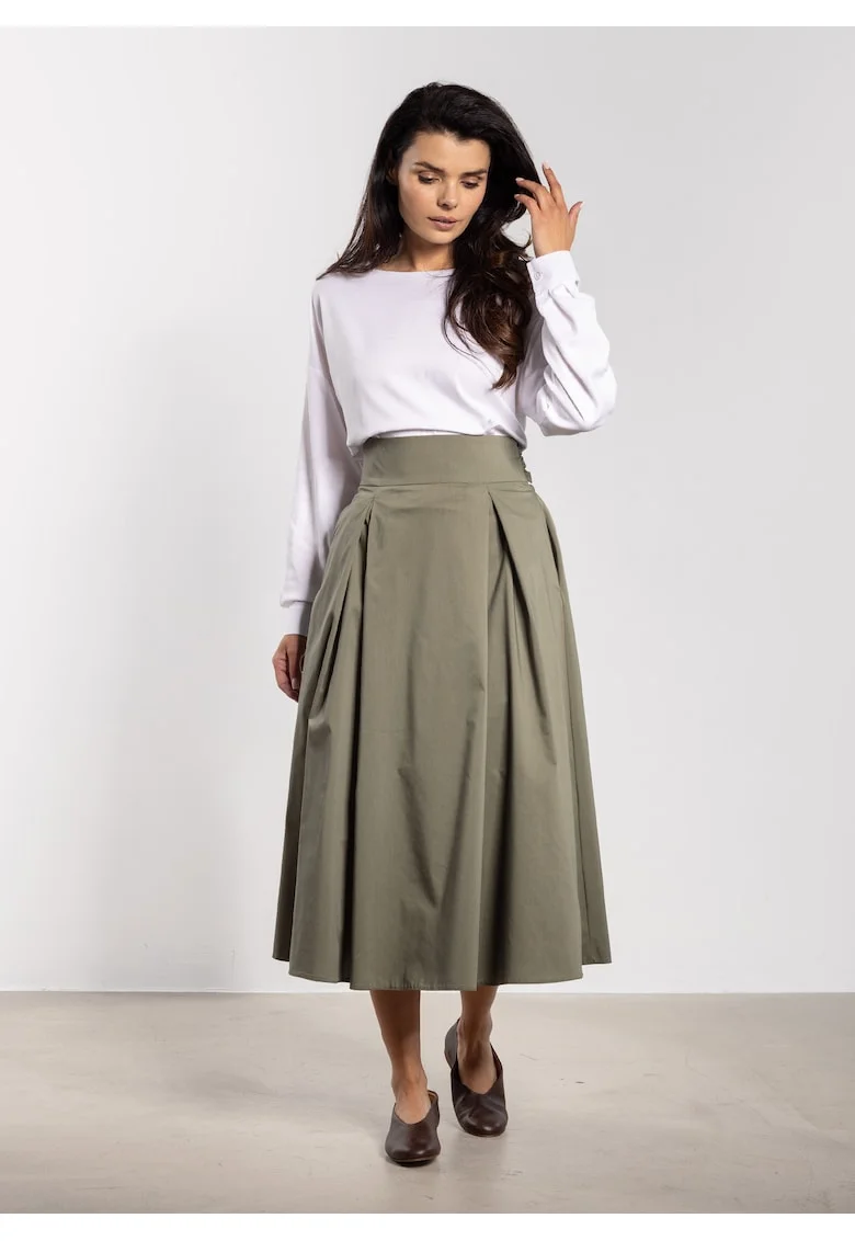 Fusta midi,  talie inalta, legatura la spate, verde, nylon