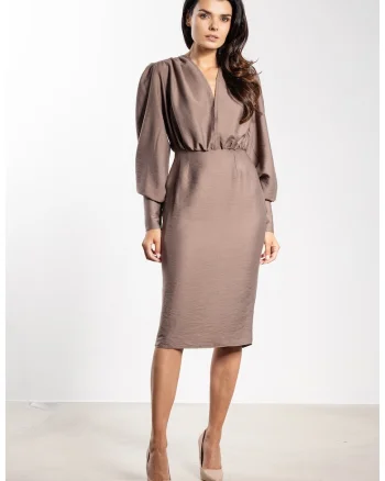 Rochie midi  decolteu V, bej, rayon|nylon