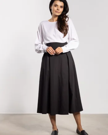 Fusta midi  talie inalta, cordon lat, neagra, nylon