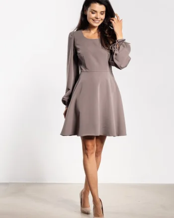Rochie mini,  A741, maneca lunga, bej, poliester|elastan