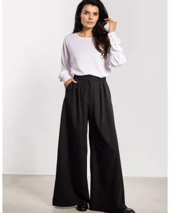 Pantaloni dama,  picior larg, talie inalta, negru, poliester/elastan