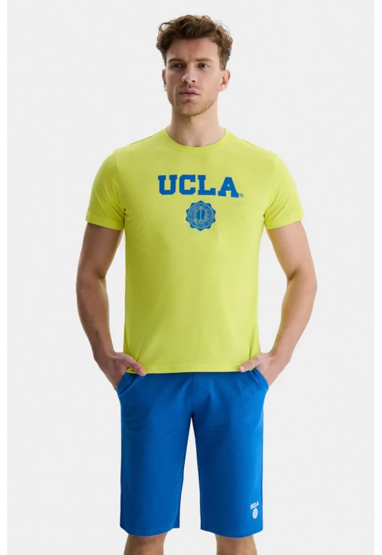 Tricou regular fit, decolteu la baza gatului, imprimeu cu logo, Verde, GAYLEY, Verde