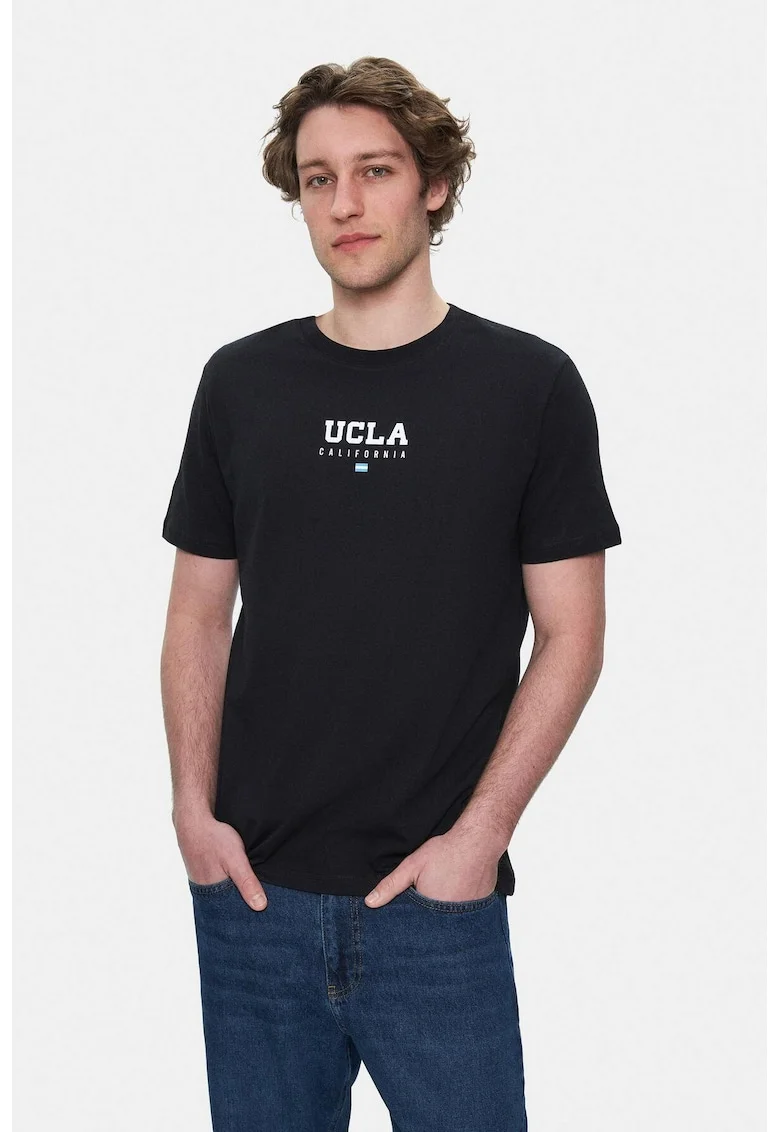 Tricou regular fit, decolteu la baza gatului, imprimeu cu logo, Negru, SHERMAN, Negru