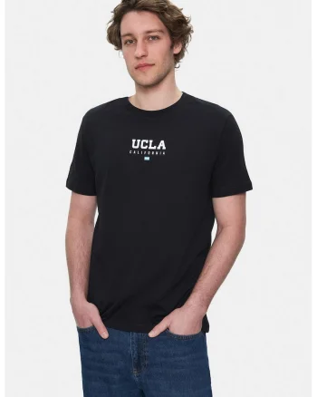 Tricou regular fit, decolteu la baza gatului, imprimeu cu logo, Negru, SHERMAN, Negru