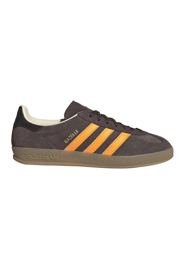 Pantofi sport Gazelle Indoor de piele intoarsa cu benzi logo contrastante, Maro inchis/Portocaliu mandarina