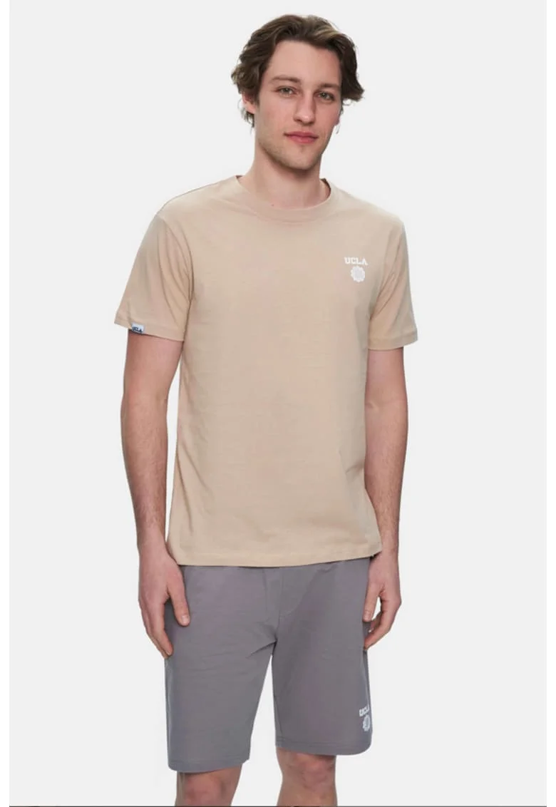 Tricou regular fit, decolteu la baza gatului, imprimeu cu logo, Bej, BASS, Bej