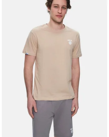 Tricou regular fit, decolteu la baza gatului, imprimeu cu logo, Bej, BASS, Bej