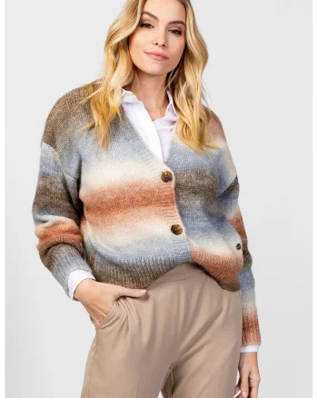 Cardigan cu model tie-dye si decolteu in V, Gri melange/Portocaliu deschis