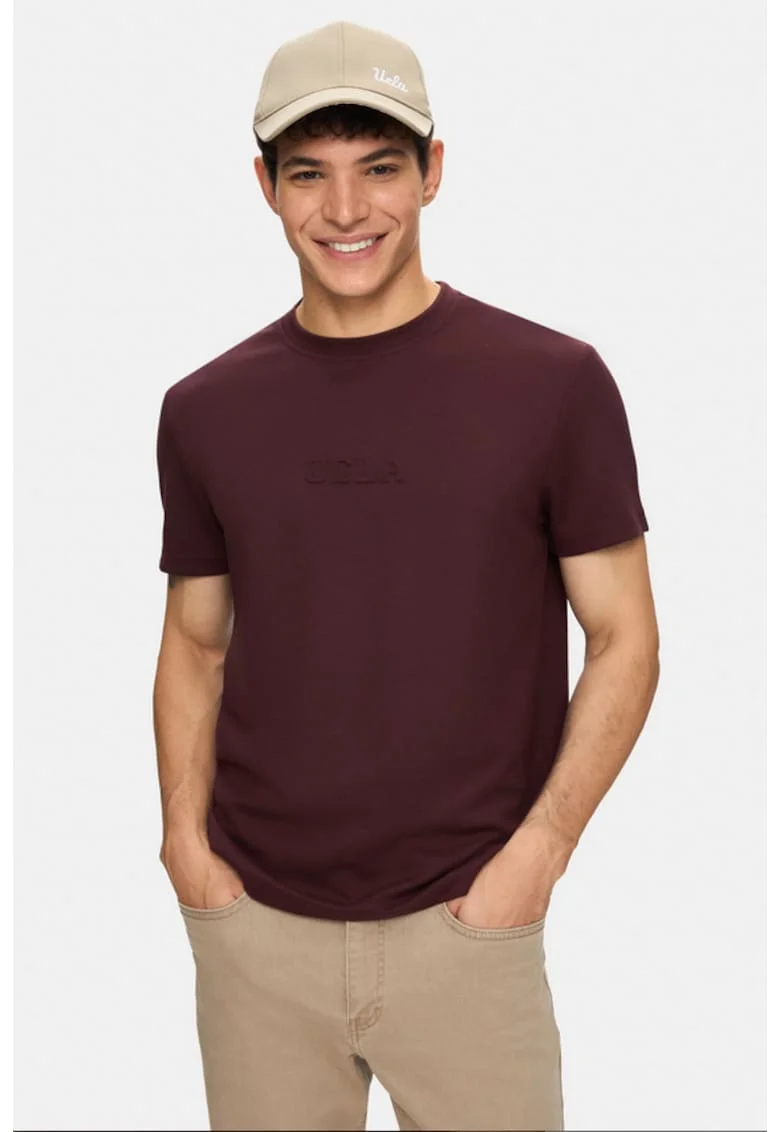 Tricou regular fit, decolteu la baza gatului, imprimeu cu logo, Rosu, CANARY