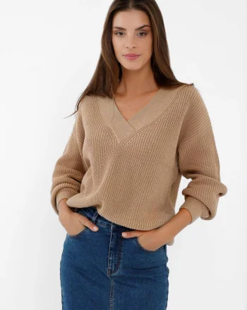 Pulover Dama cu decolteu in V,  Lejer, Camel, Maro camel