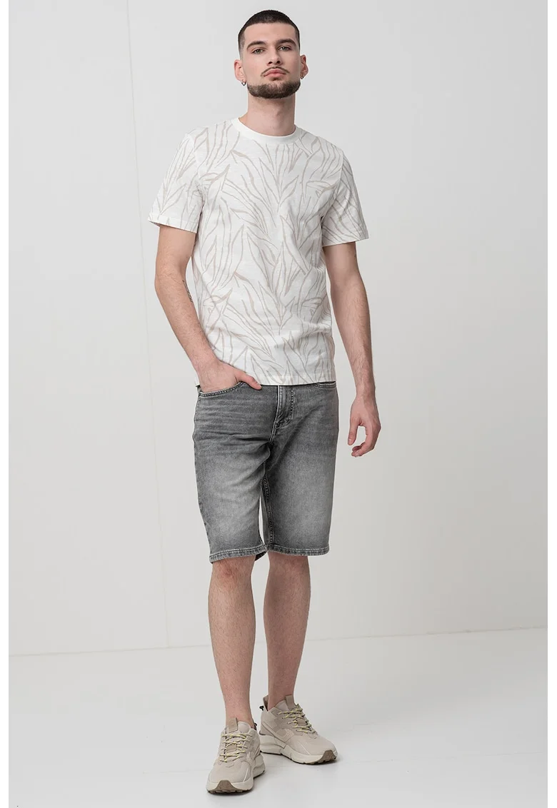 Tricou cu decolteu la baza gatului si model, Bej/Maro camel