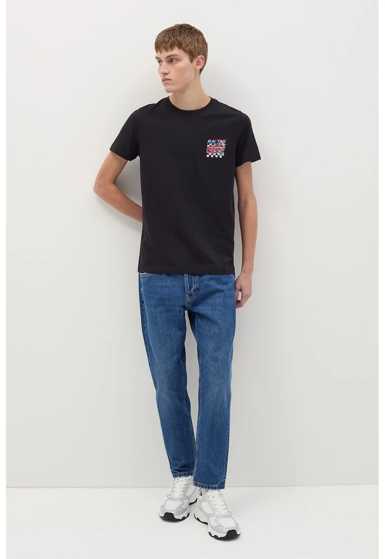 Tricou cu decolteu la baza gatului si imprimeu discret, Negru/Albastru pal/Rosu deschis