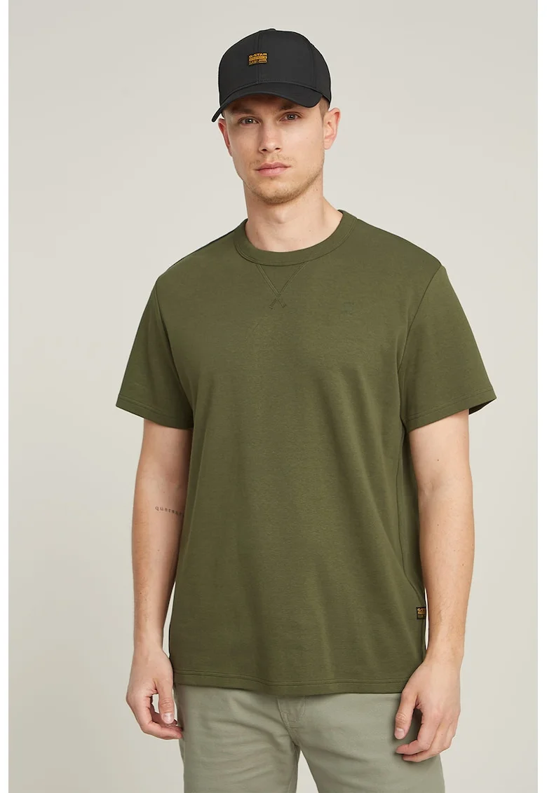 Tricou de bumbac organic cu decolteu la baza gatului, Verde masliniu