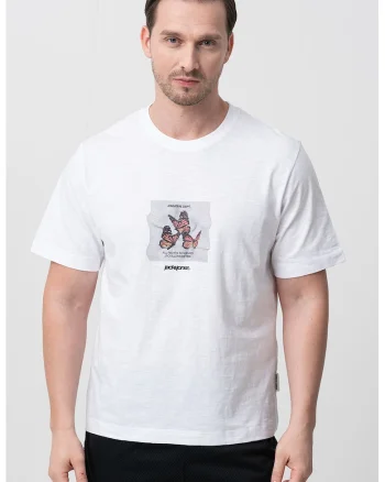 Tricou cu imprimeu grafic si decolteu la baza gatului, Alb/Negru/Rosu stins